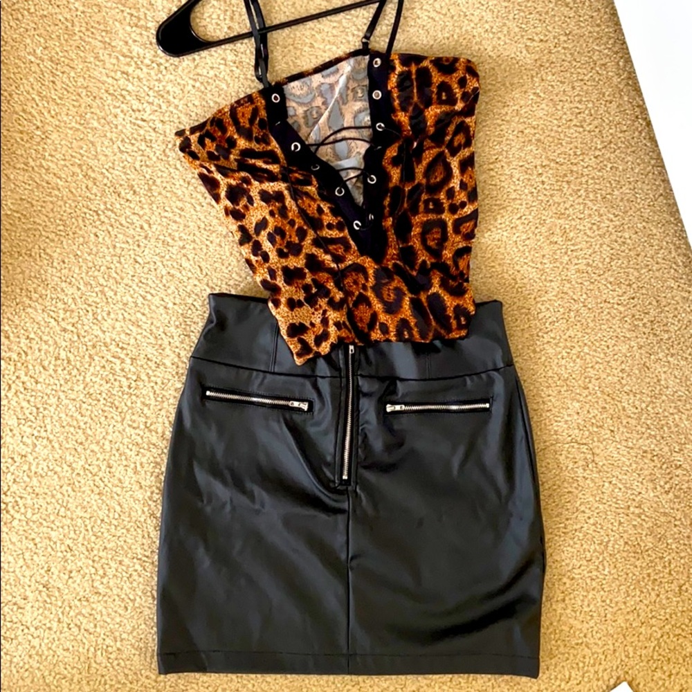 Bodysuit & leather skirt
